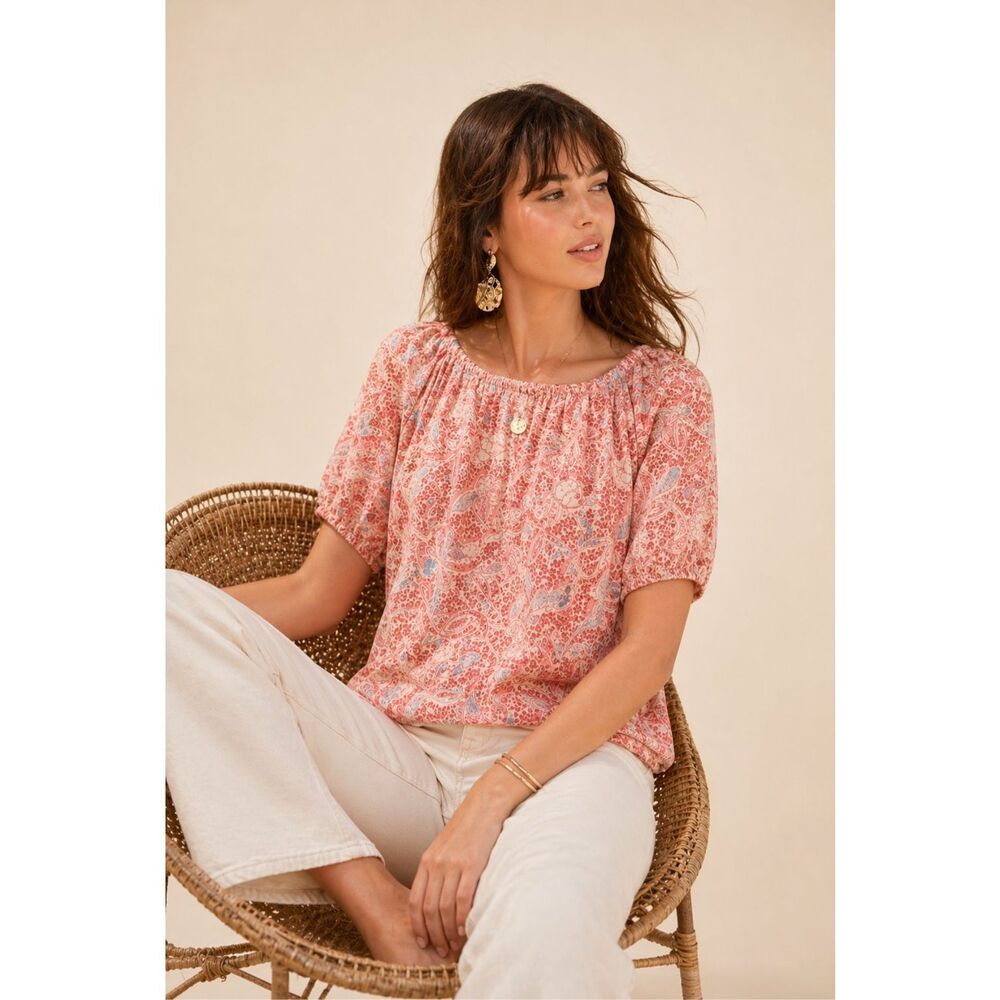 Tory Burch Boho Peasant Top Size 12 Pink Floral 100% Cotton Sheer Lightweight